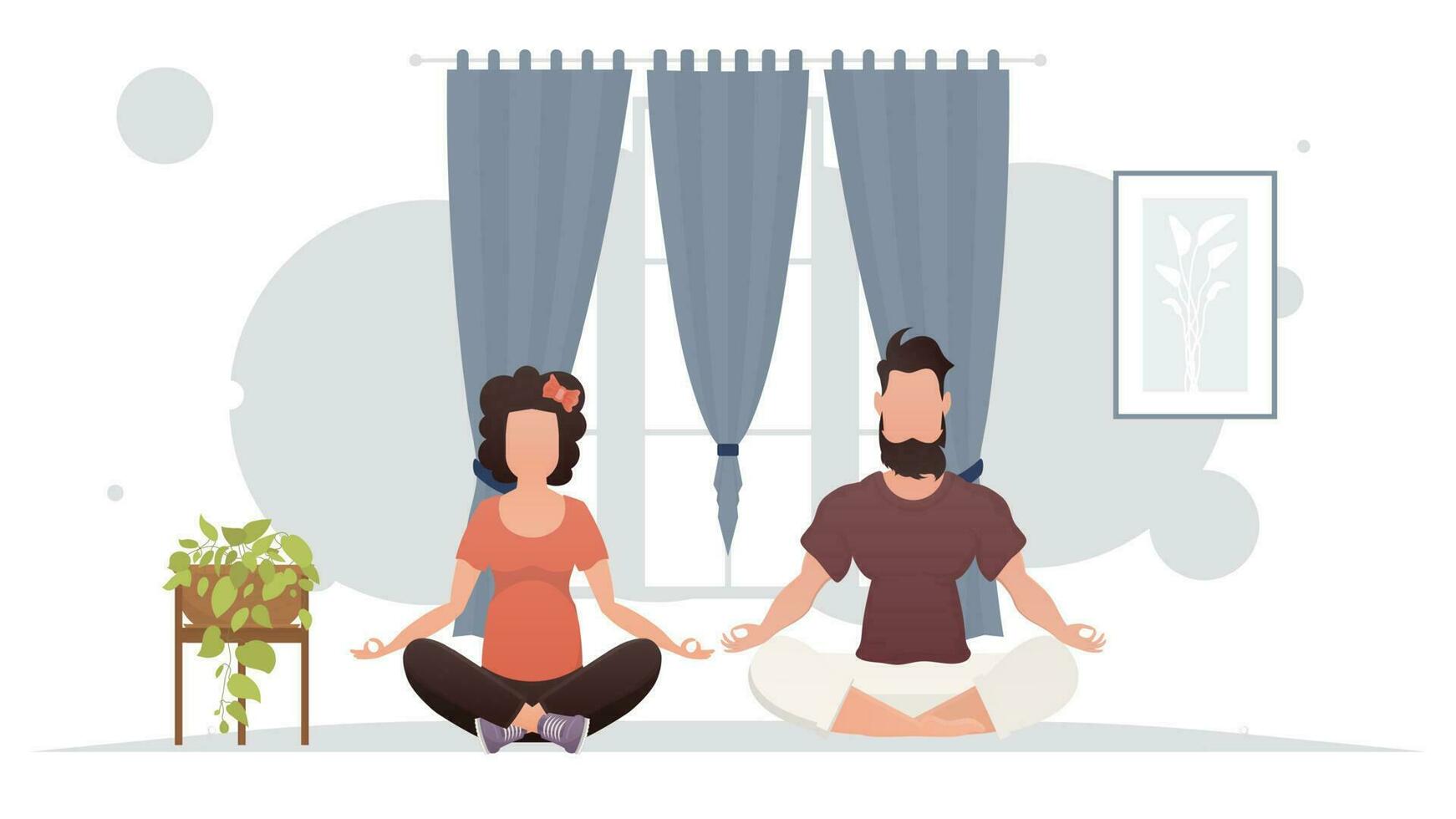 Man and woman are engaged in meditation in the room. Yoga. Cartoon style. vector