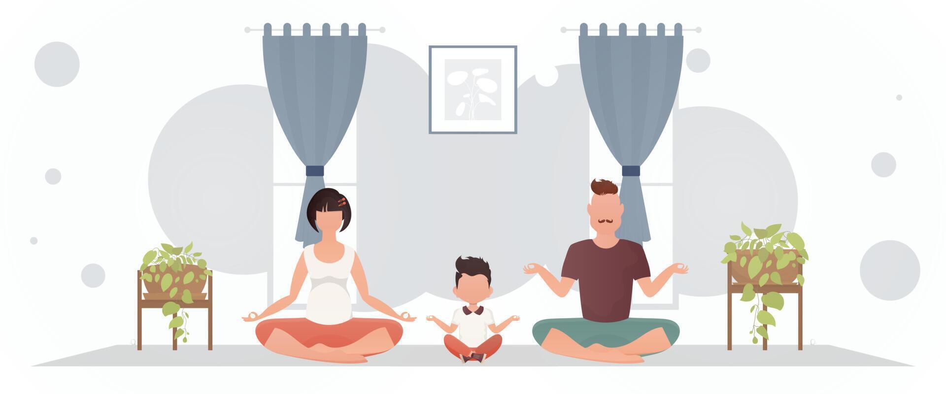 A man and a woman with a little boy are doing meditation in the room. Meditation. Cartoon style. vector