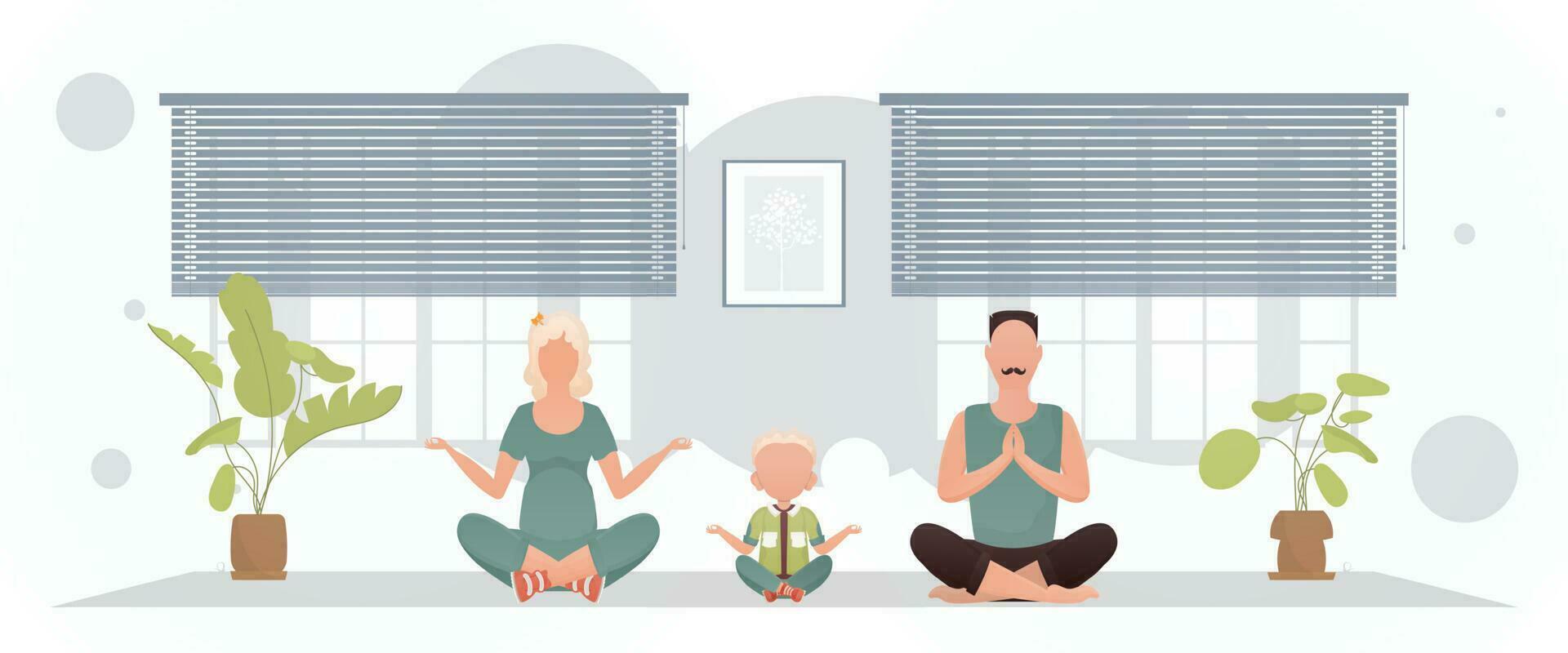 Husband and wife with an adorable baby are sitting in a lotus position in a room. Meditation. Cartoon style. vector
