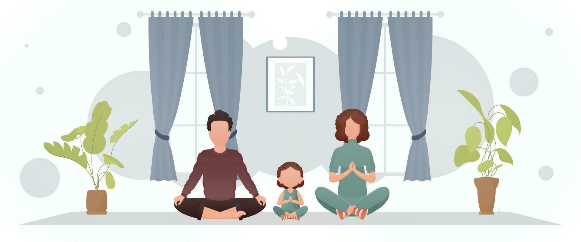 el familia es haciendo yoga en el habitación. yoga. dibujos animados estilo. vector