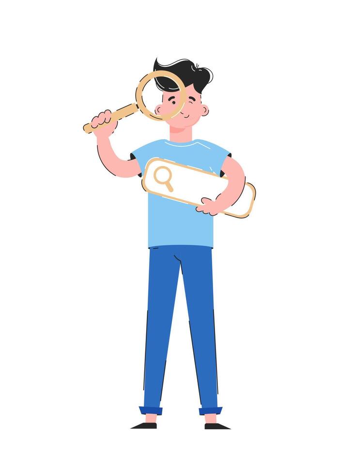 The guy in full growth holds a magnifying glass. Isolated on white background. Good for apps, presentations and websites. vector