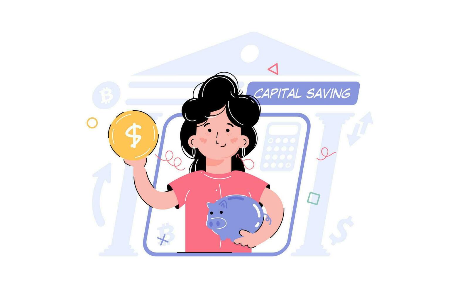 Theme of capital, savings. The girl is holding a piggy bank and a coin. Element for the design of presentations, applications and websites. Trend illustration. vector