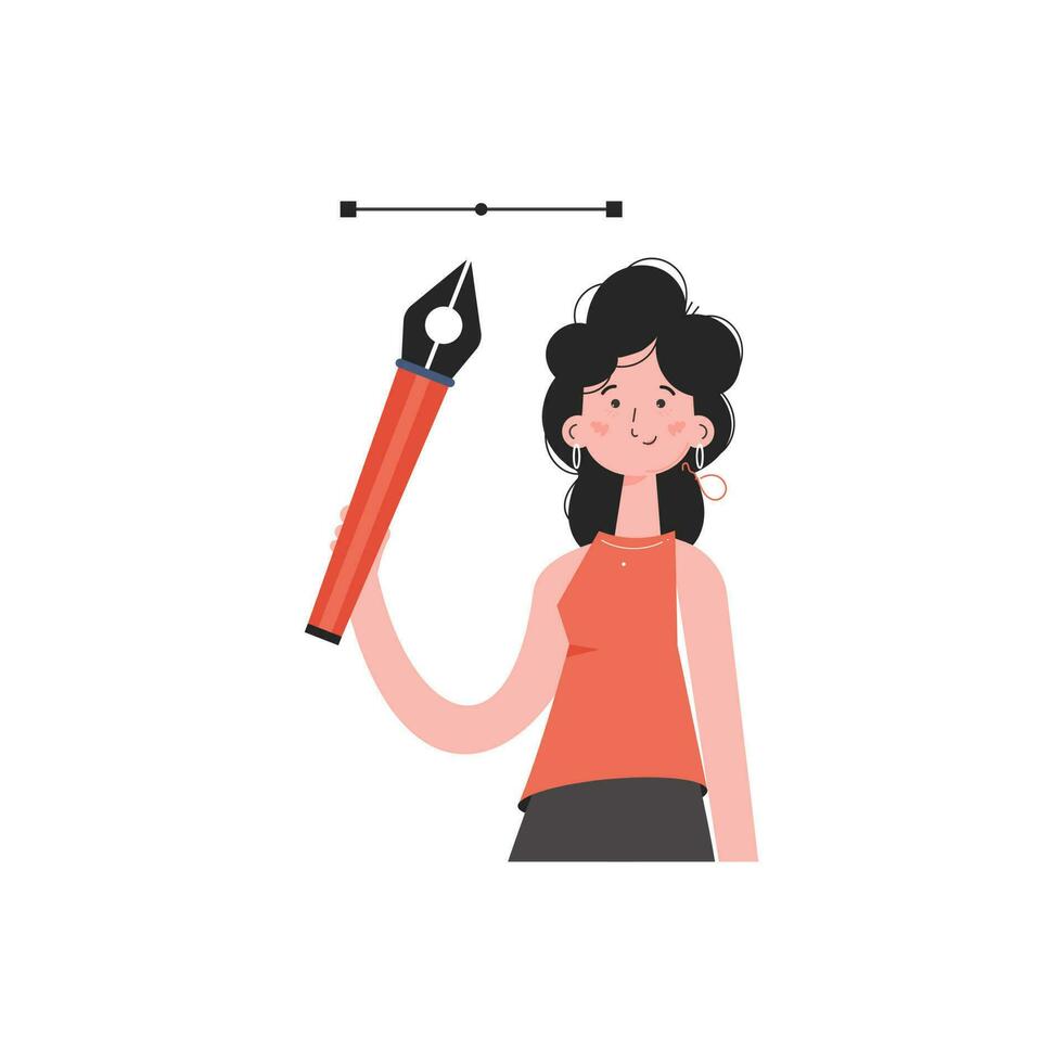 The designer girl stands waist-deep and holds a pen tool in her hands. Isolated. Element for presentations, sites. vector
