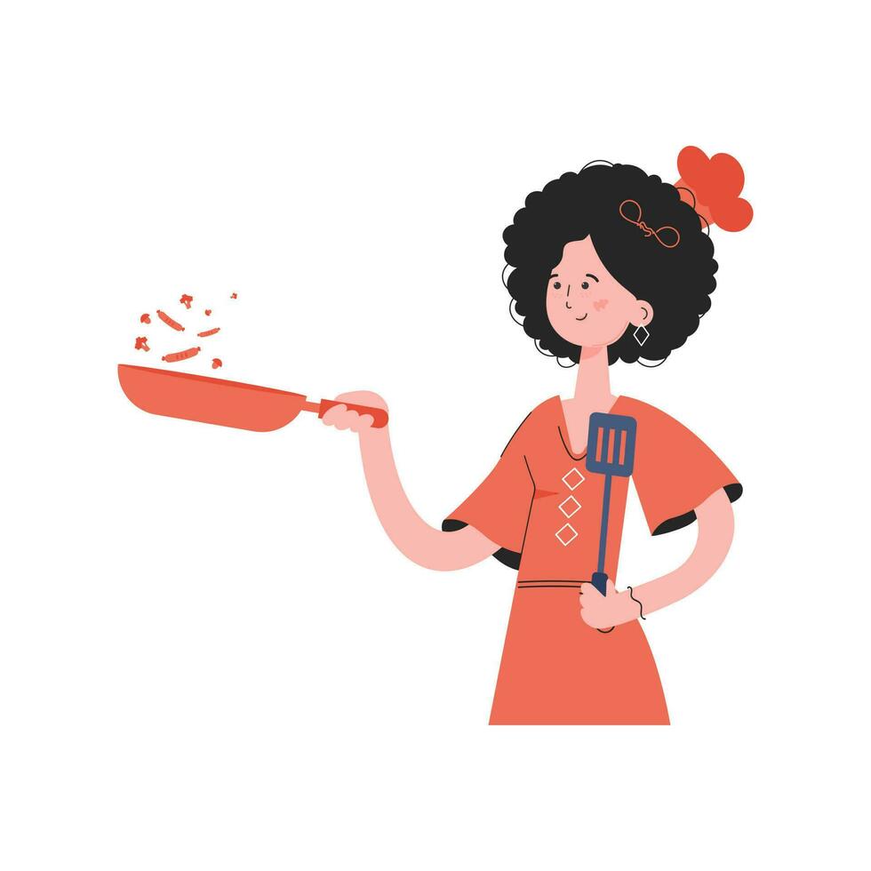 A woman stands waist-deep and holds a spatula in her hands. Isolated. Element for presentations, sites. vector