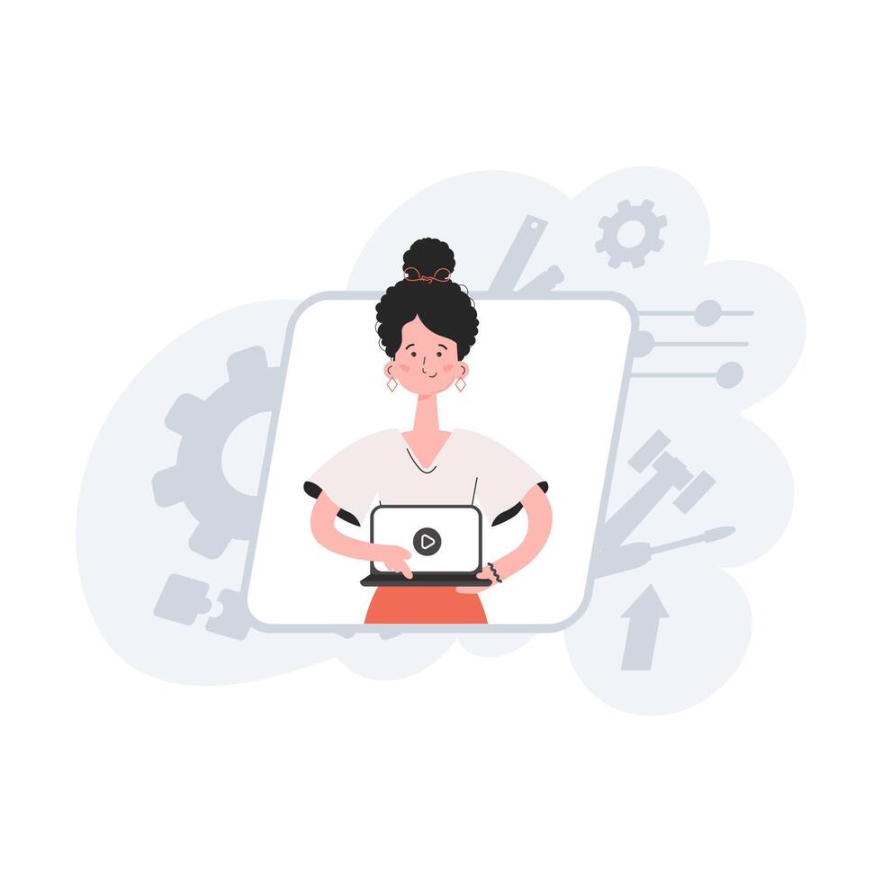 A woman stands waist-deep and holds a computer in her hands. Video presentation. Element for presentations, sites. vector