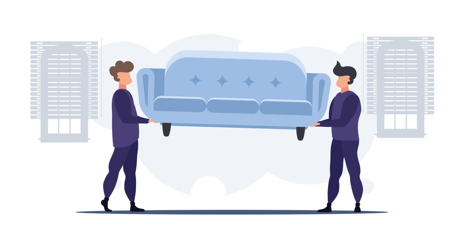 Movers or couriers carry a sofa. The concept of delivering parcels to home or moving house. Cartoon style. Vector illustration.