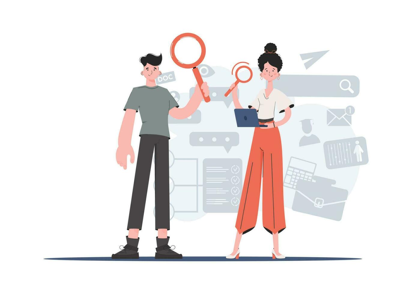 A man and a woman are standing in full growth with a computer in their hands. Human resource. Element for presentations, sites. vector
