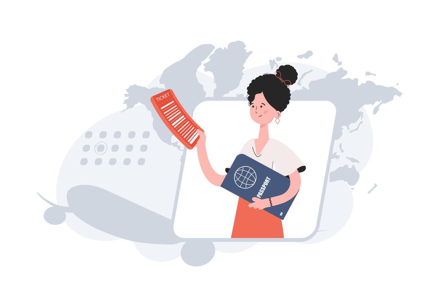 A woman stands waist-deep and holds a ticket. Travels. Element for presentations, sites. vector