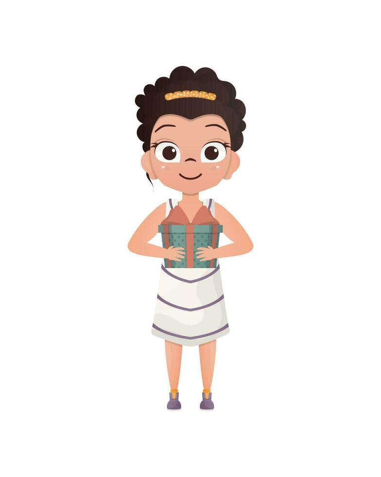 Cute little girl holding a gift box in her hands. Isolated. Cartoon style. vector