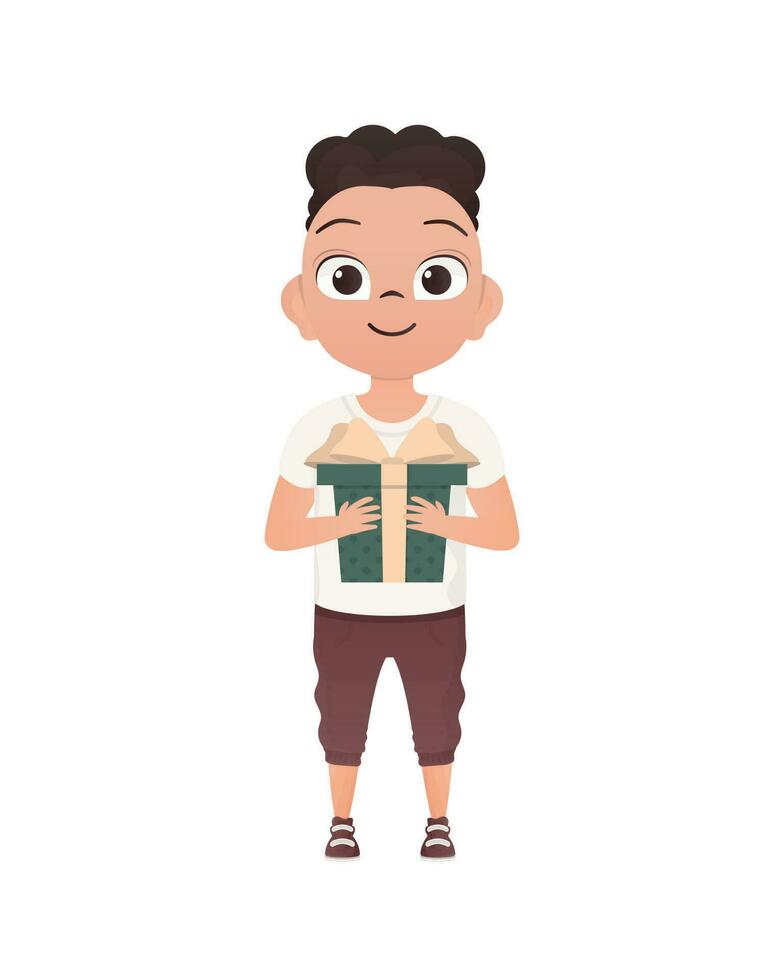 A small teenage boy is depicted in full growth and holds a gift in his hands. Birthday, New Year or holidays theme. Isolated. Cartoon style. vector