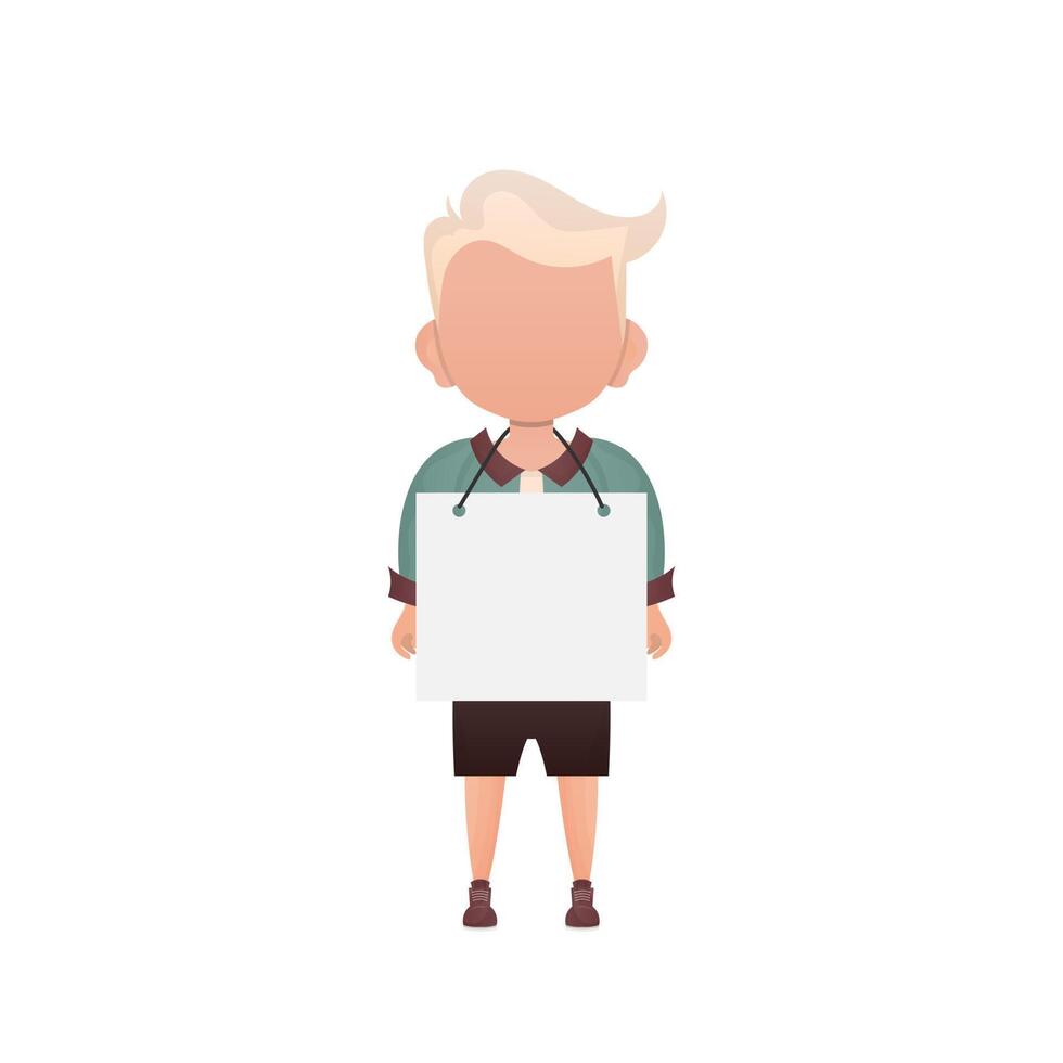 A cute little boy with a blank banner. Isolated. illustration in cartoon style. vector