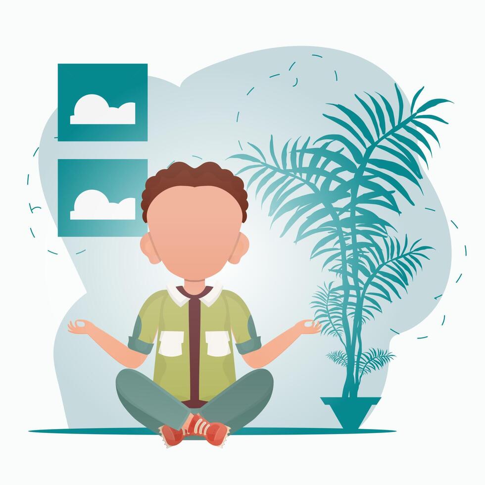 A cute little boy is sitting in the lotus position and doing yoga in the room. Sports and recreation concept. illustration in cartoon style. vector