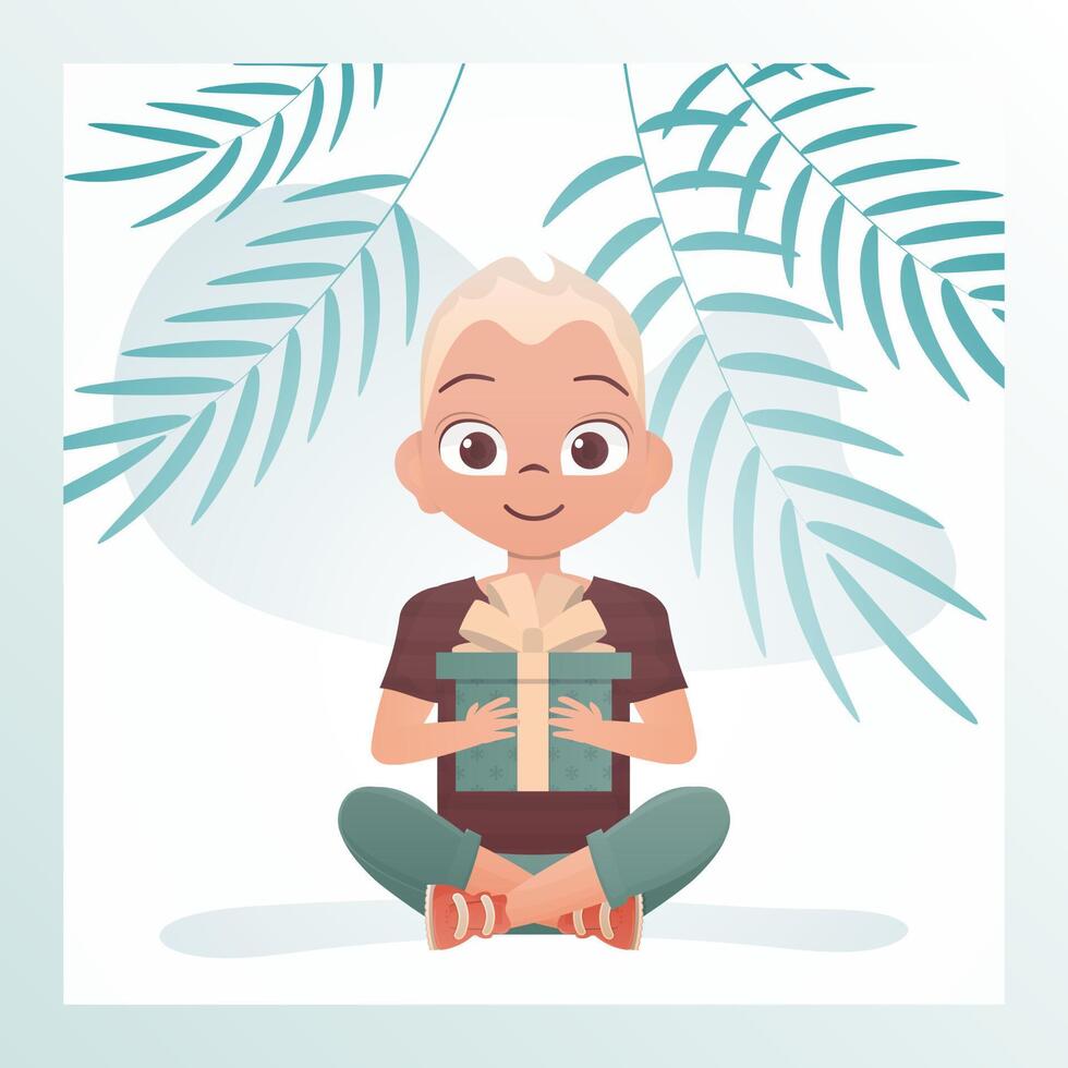 Joyful child boy sits in a lotus position and holds a gift with a bow in his hands. Holidays theme. illustration in cartoon style. vector