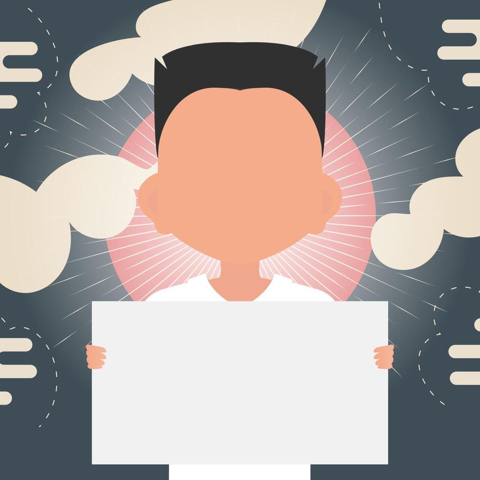 A cute little boy is holding an empty tablet in his hands. Place for your logo, text or design. Cartoon style. illustration. vector