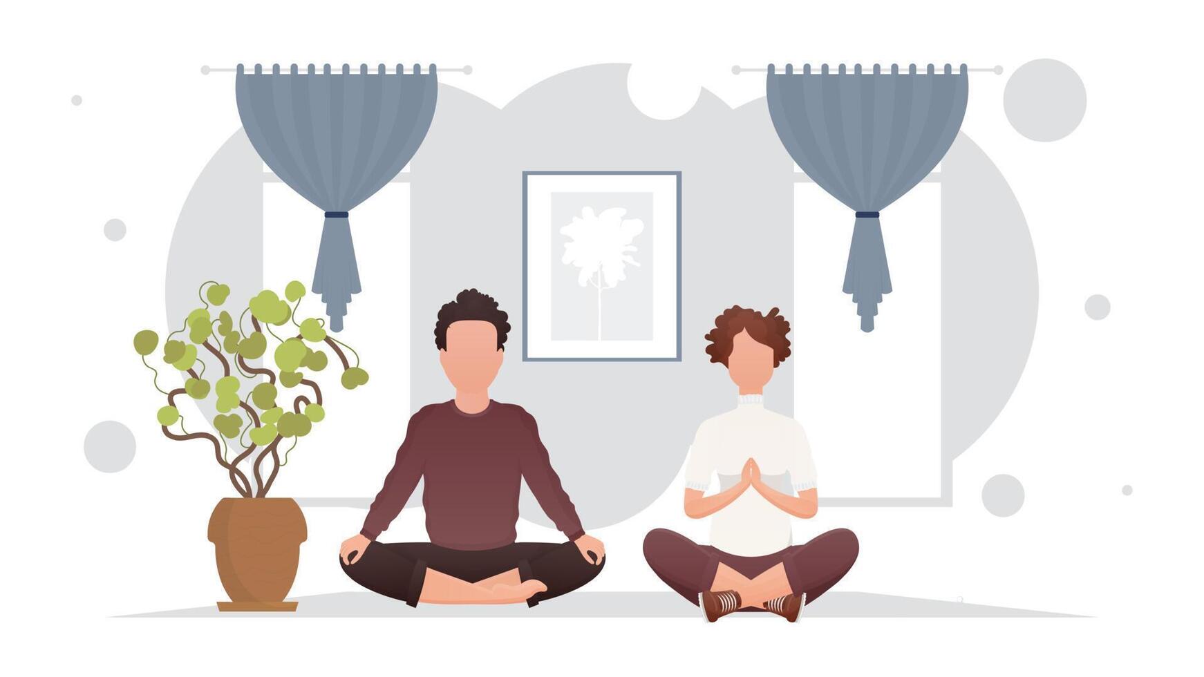 The guy and the girl are engaged in meditation in the room. Yoga. Cartoon style. vector