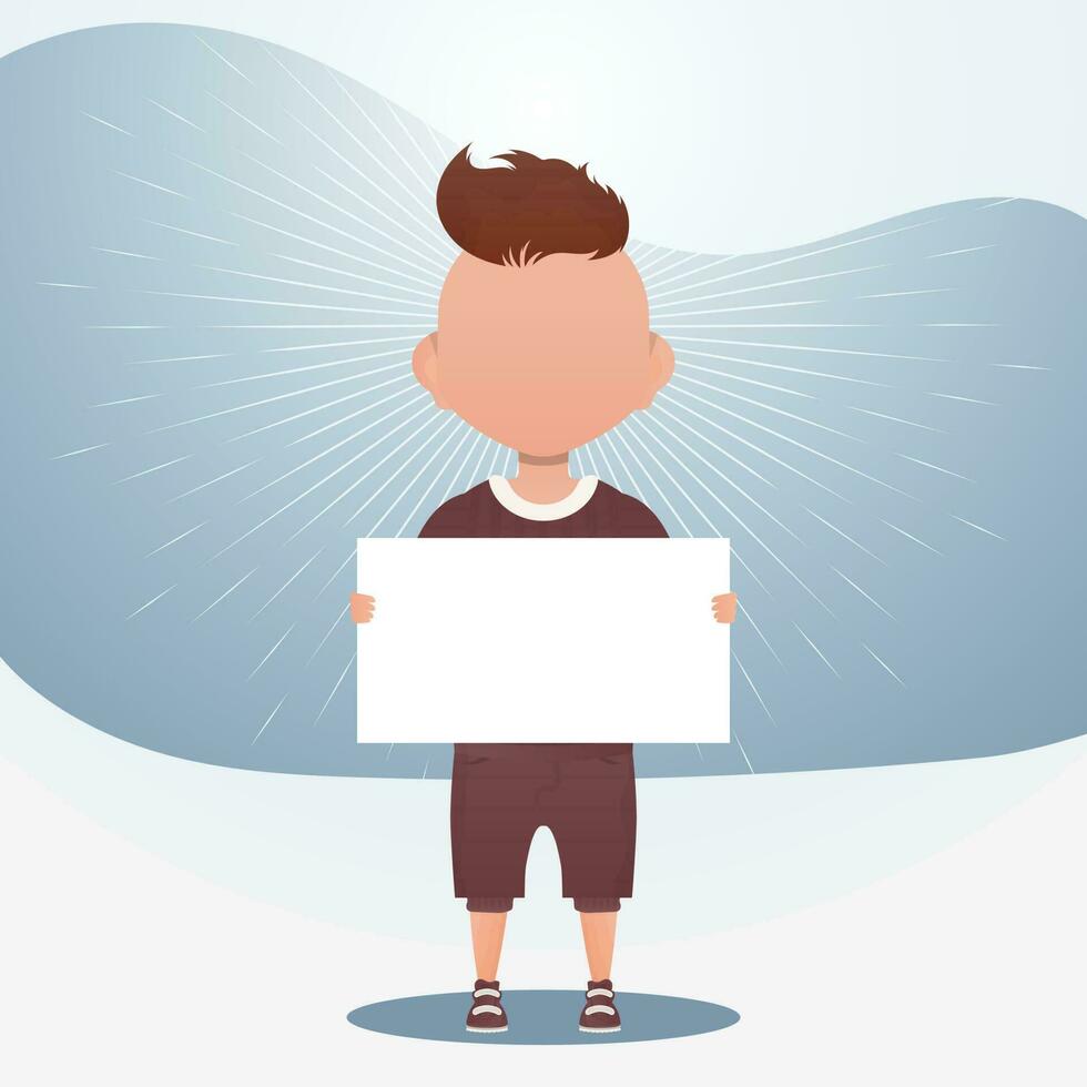 A cute little boy with a blank banner. Place for your logo, text or design. Vector illustration in cartoon style.