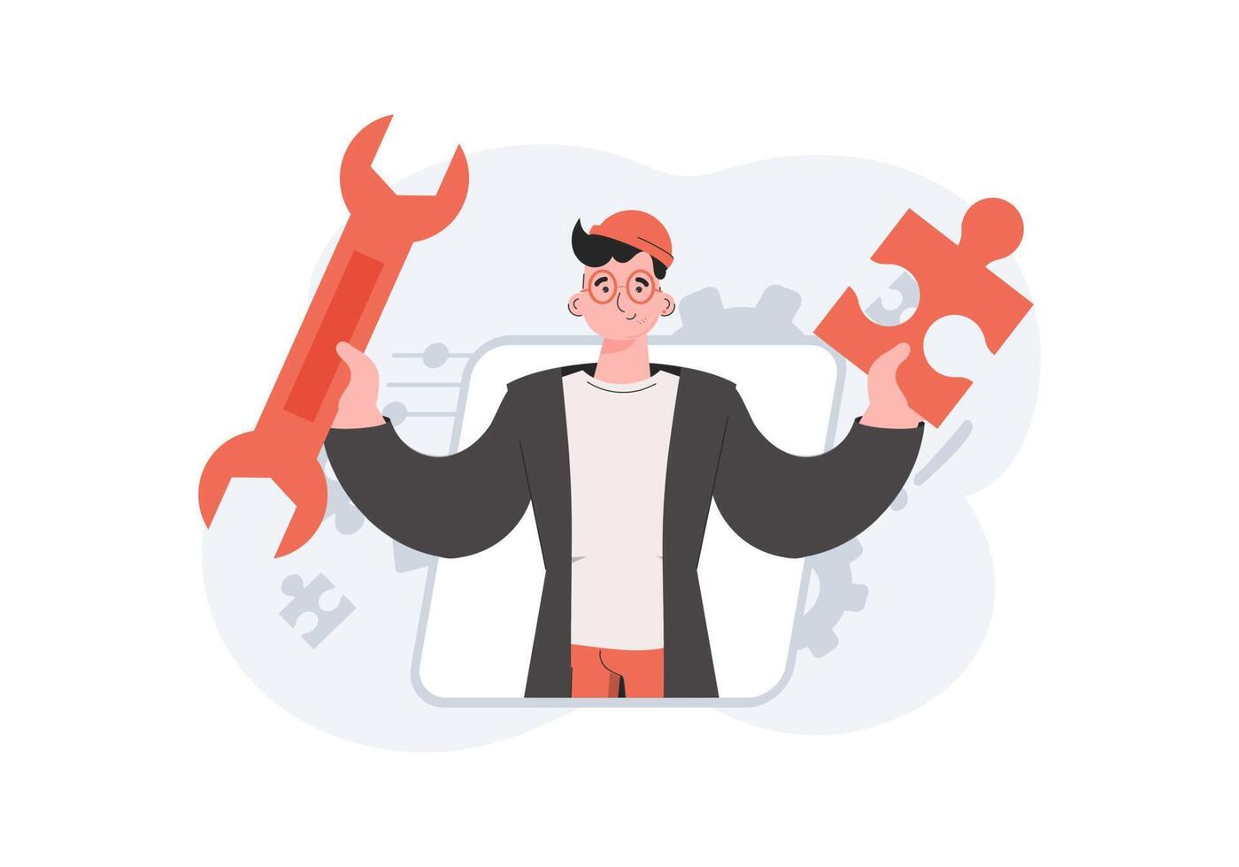 A man stands waist-deep and holds a wrench in his hands. Tech support. Element for presentations, sites. vector