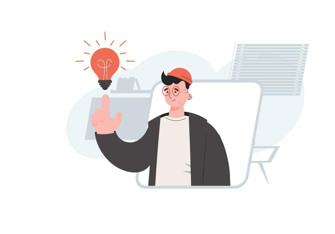A young guy is waist-deep with a light bulb. Idea. Element for presentations, sites. vector