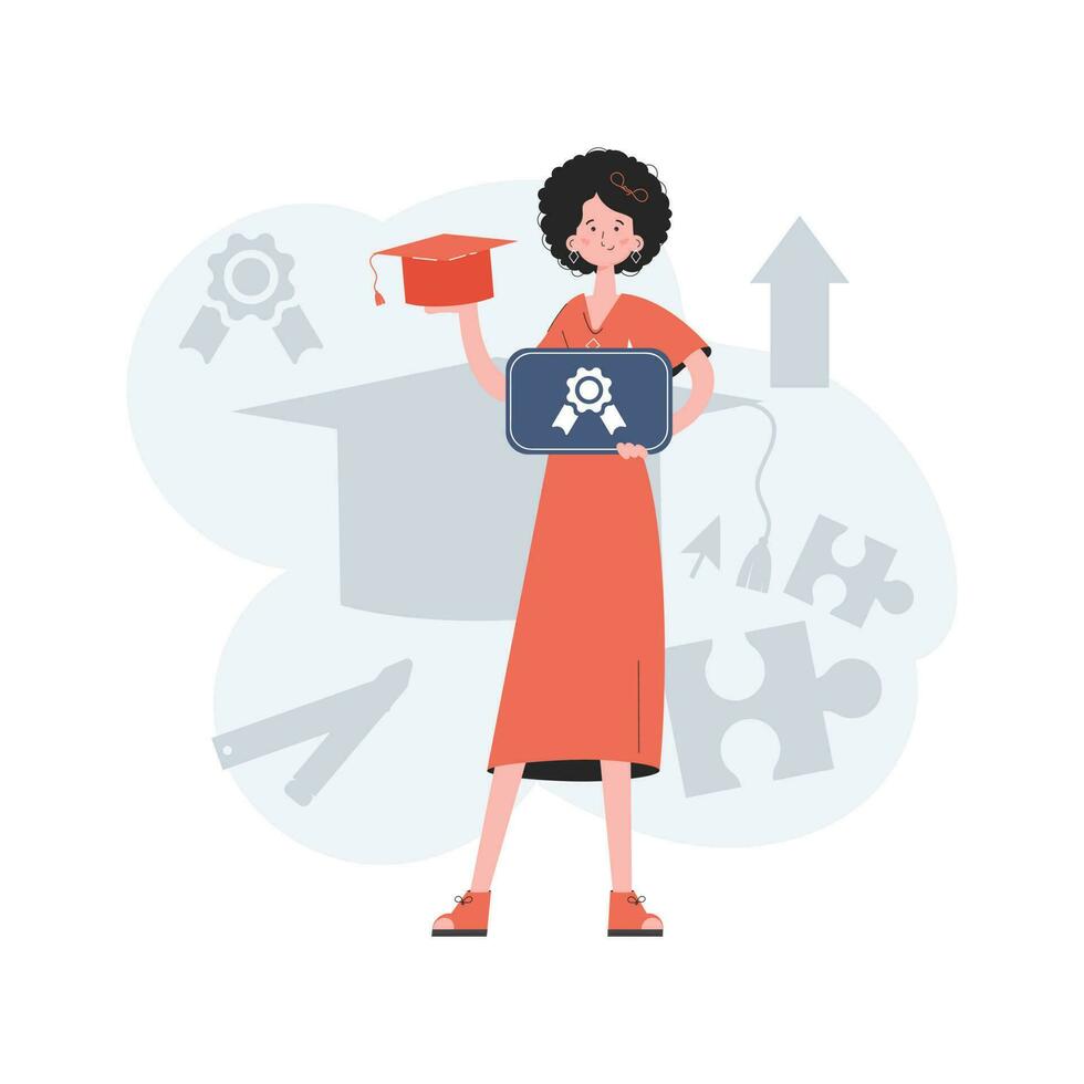 The girl stands in full growth and holds a graduation cap and a diploma. Education. Element for presentations, sites. vector