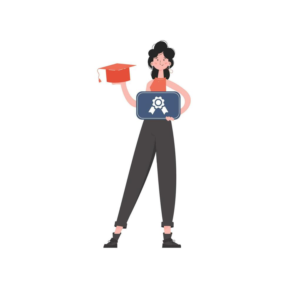 The girl stands in full growth and holds a graduation cap and a diploma. Isolated. Element for presentations, sites. vector