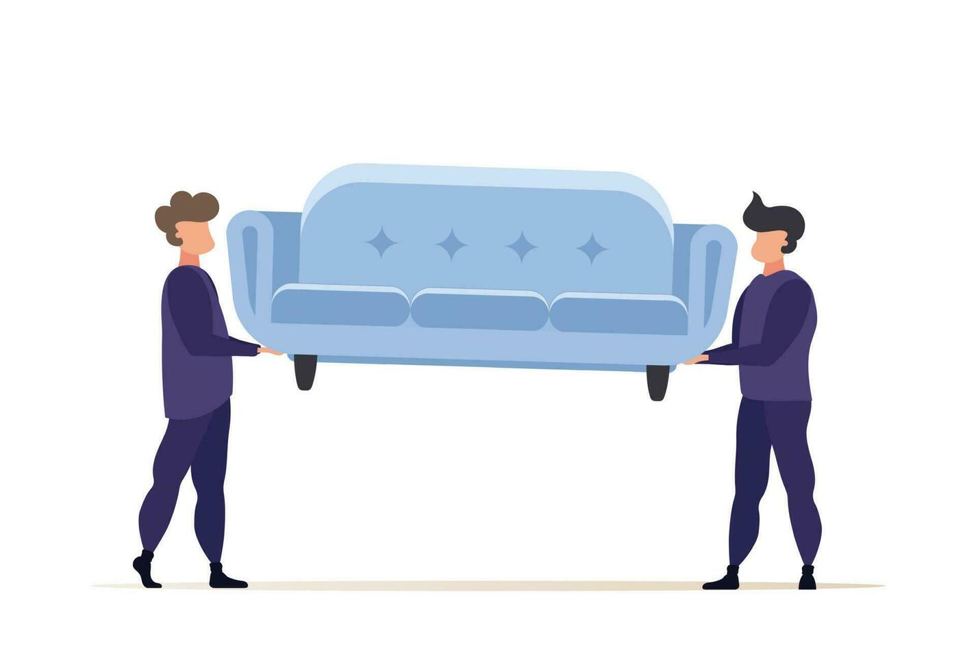 Movers or couriers carry a sofa. The concept of delivering parcels to home or moving house. Cartoon style. Vector illustration. Isolated.