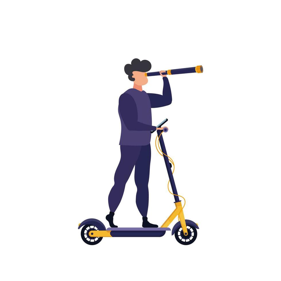 A man rides an electric scooter and looks through a telescope. Cartoon urban electric scooter. Vector illustration for web design. Isolated on white background