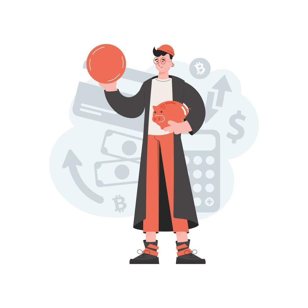 A man stands in full growth holding a piggy bank. Savings. Element for presentations, sites. vector