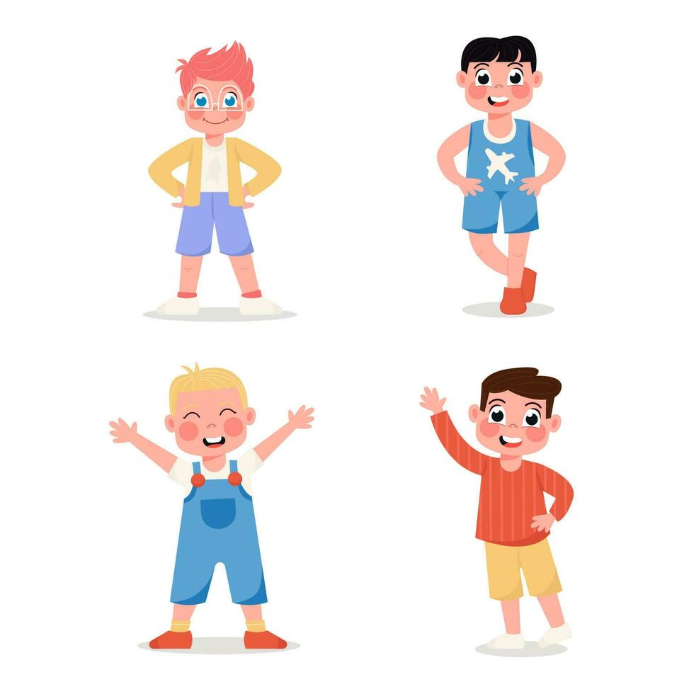 Set of happy children boys standing in different poses in flat style vector