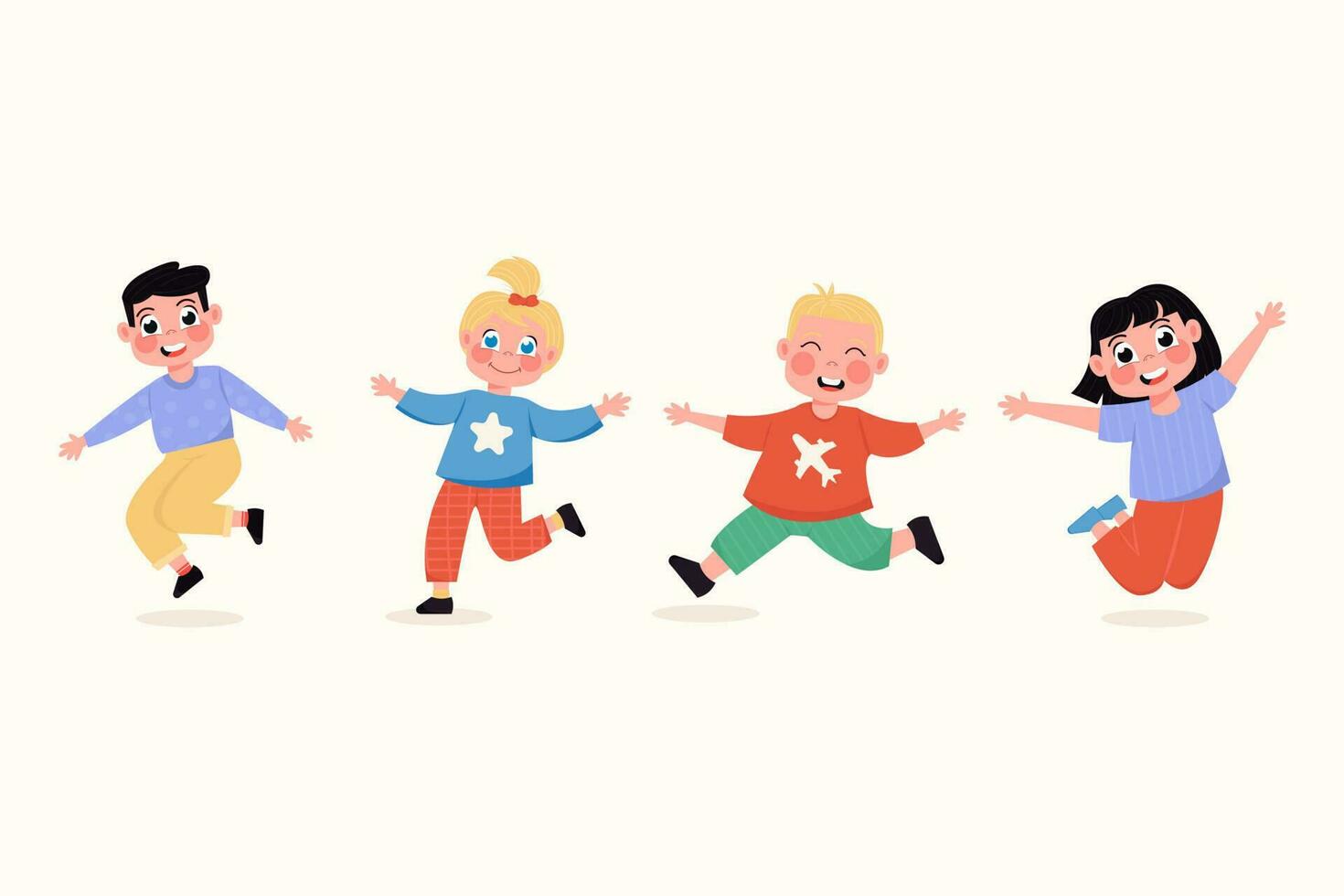 Set of happy children girls and boys standing in different poses, jumping in flat style vector