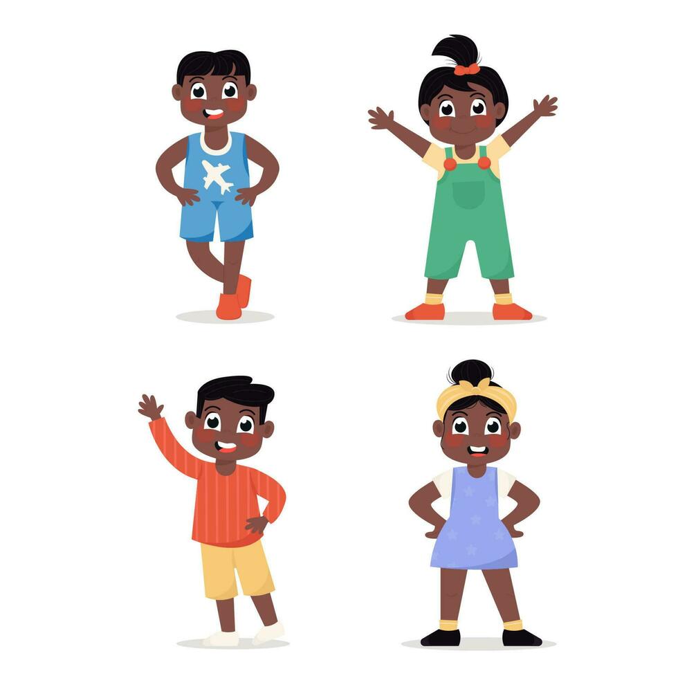 Set of happy African American children girls and boys standing in different poses in flat style vector