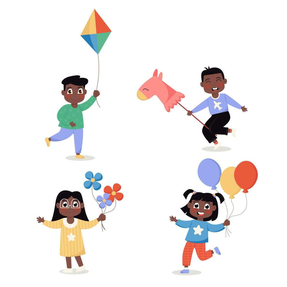 conjunto de contento africano americano niños muchachas y Niños con globos, caballo, flores y cometa en plano estilo vector