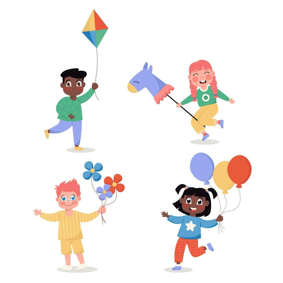 Happy international children girls and boys set with balloons, horse, flowers and kite in flat style vector