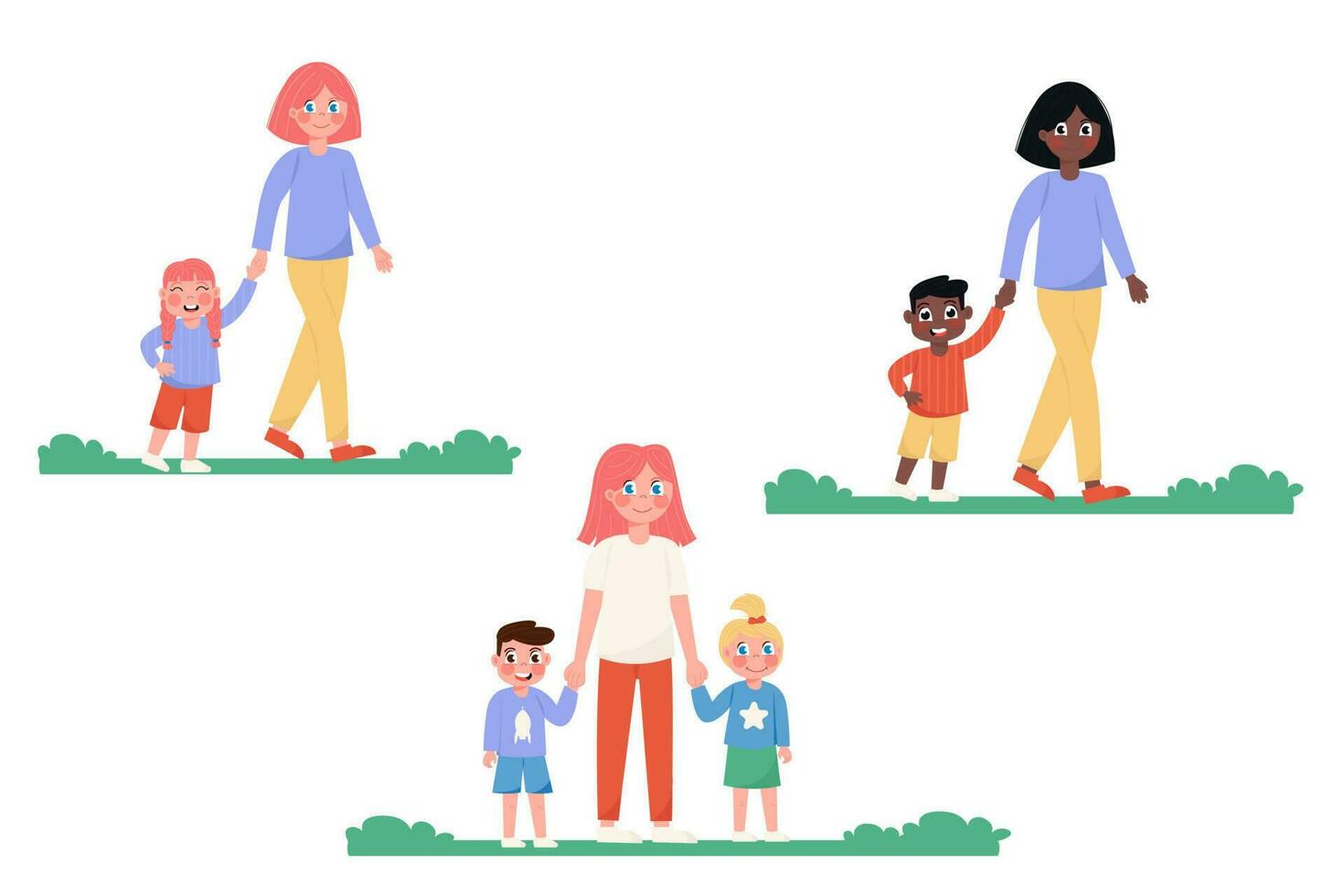 mamá y niños internacional caminando con su manos en un plano estilo vector