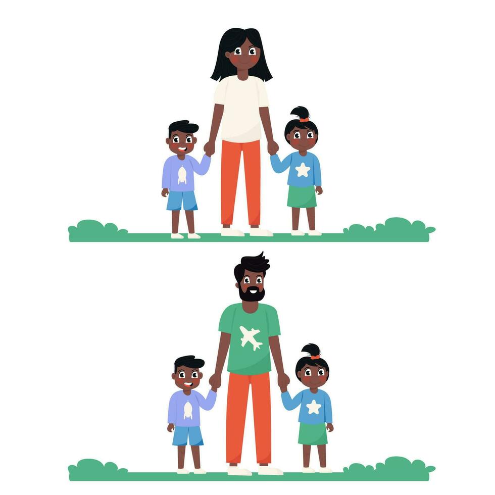 afroamericano mamá y papá caminando con su niños en un plano estilo vector