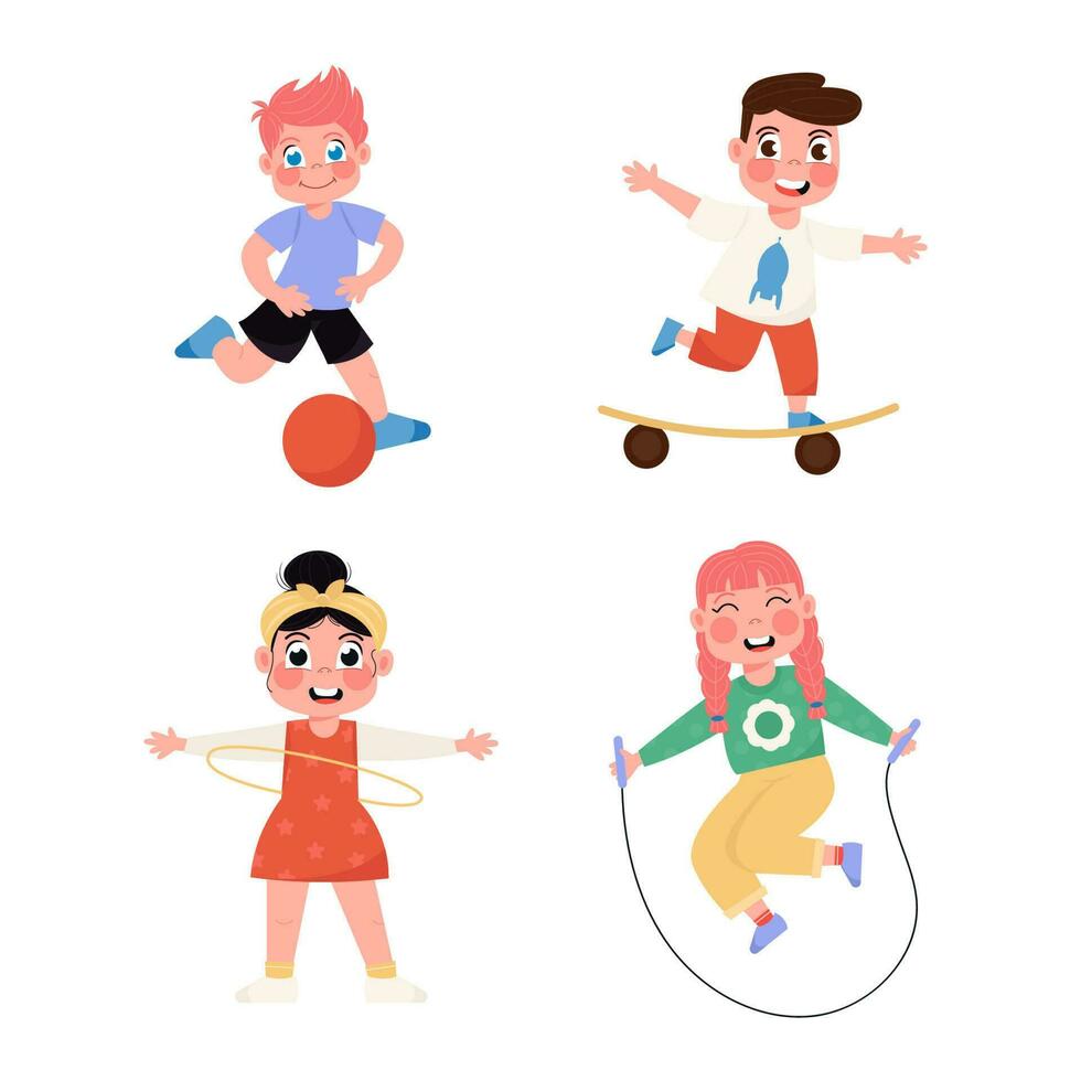 Happy children playing football, jumping rope, skateboarding, spinning in circle in flat style vector