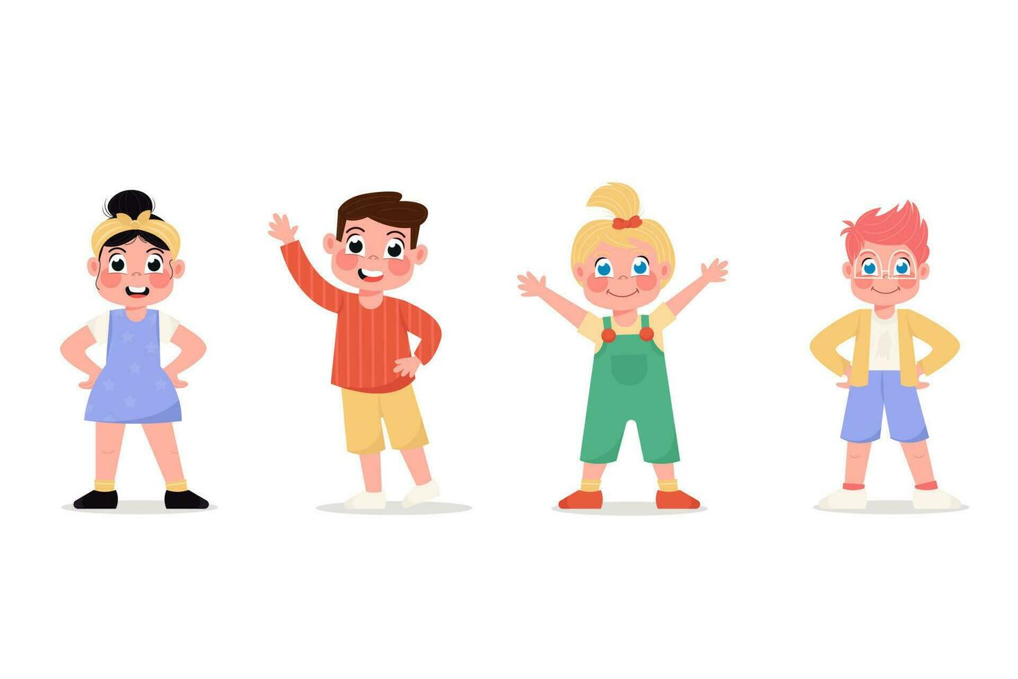 conjunto de contento niños muchachas y Niños en pie en diferente poses en plano estilo vector