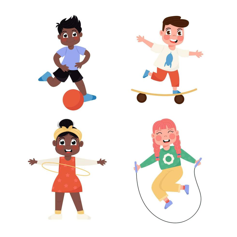 Happy international children playing football, jumping rope, skateboarding, spinning in circle in flat style vector