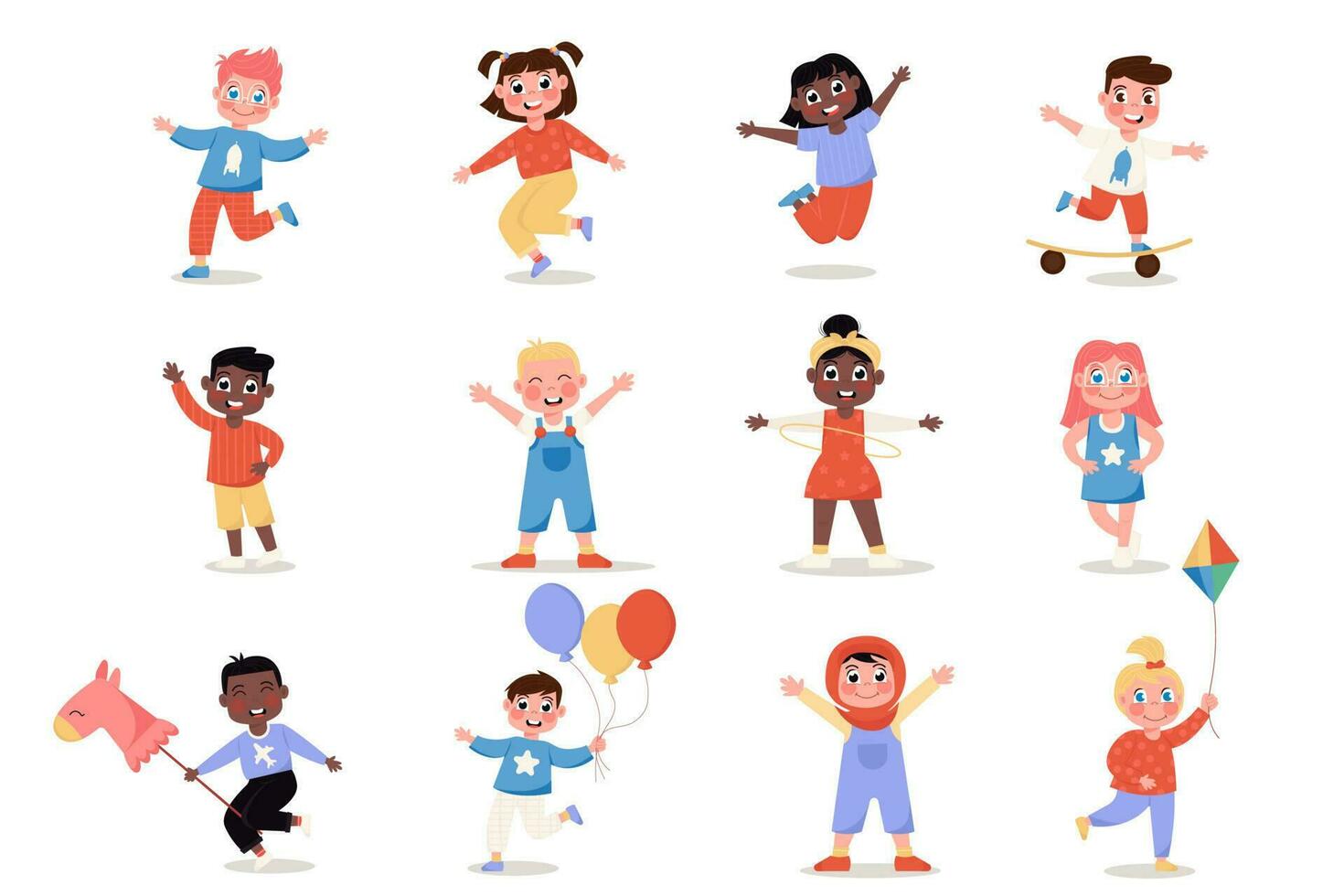 Happy international children girls, boys in hijab, Muslim, African American in flat style vector