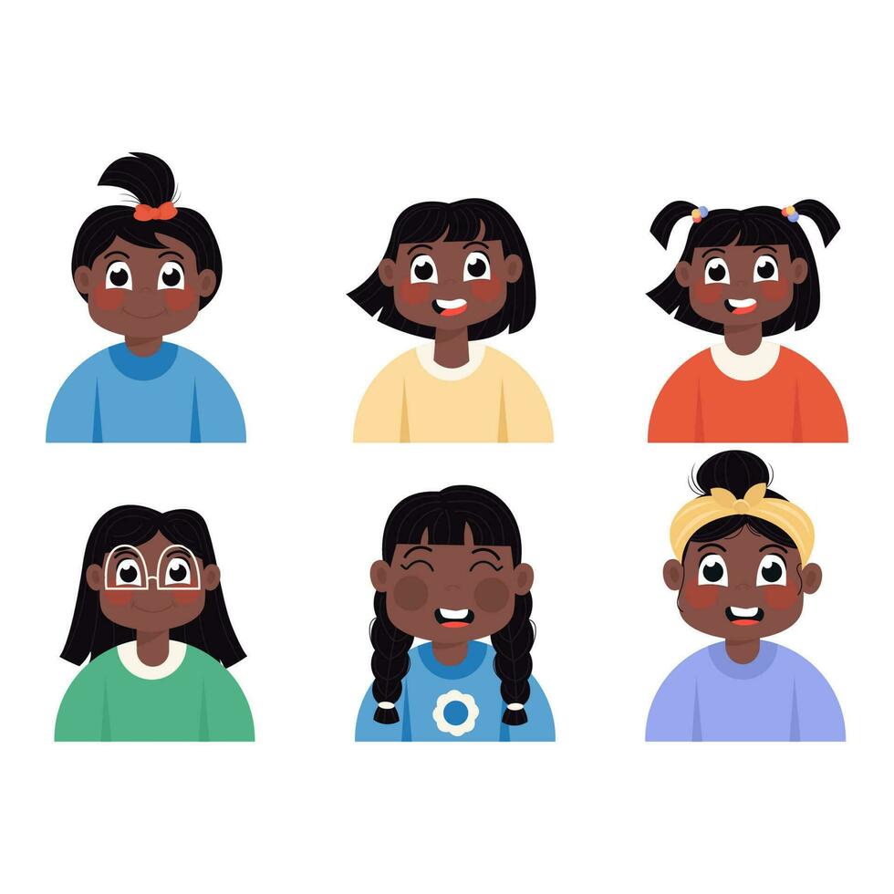 niño avatares de contento afroamericano muchachas en plano estilo vector