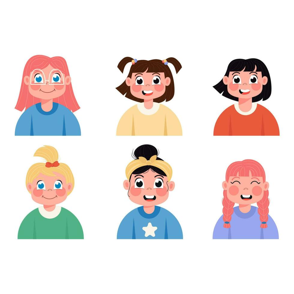 Child avatars of happy girls in flat style vector