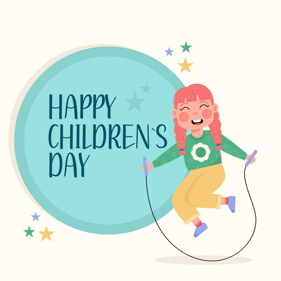 Happy children's day with a girl jumping rope on a flat background vector