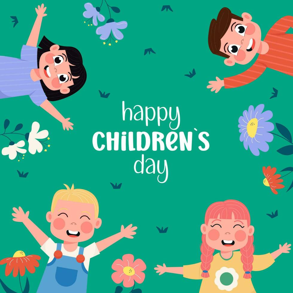 Happy children's day children lying in the grass in flat background vector