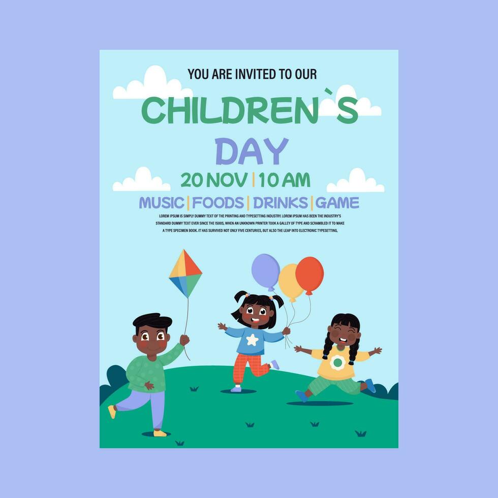 invitación, volantes para un para niños día fiesta. africano americano niños contento saltando vector