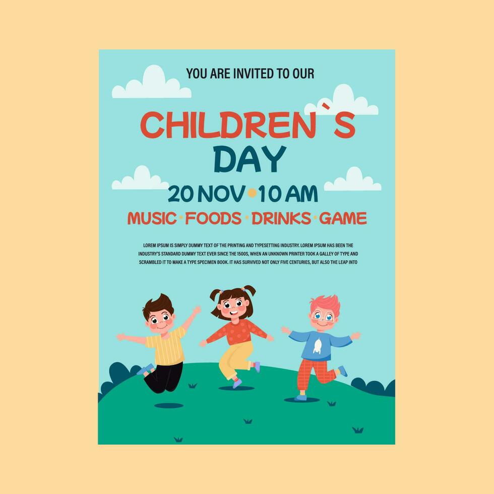 Invitation, flyer for a children's day party. Children jumping happy vector