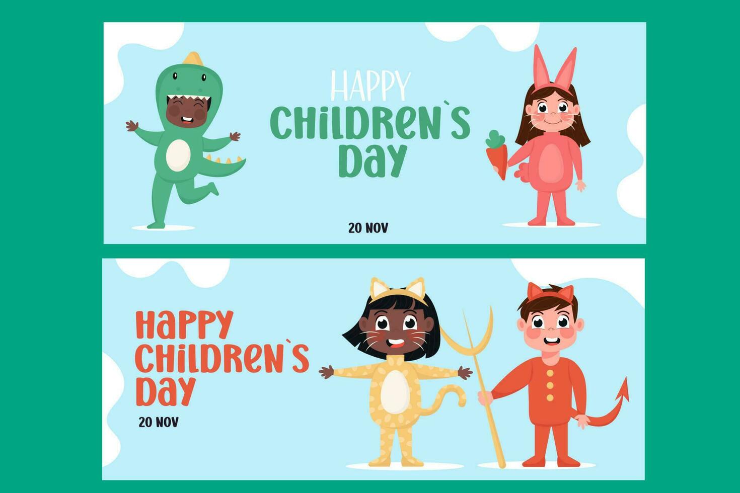 Flat style happy children's day horizontal banners set. International children in costumes vector