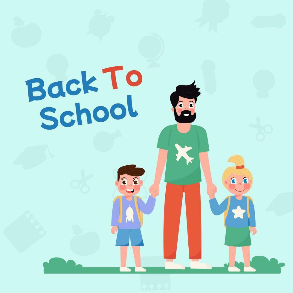 Back to school flat background father takes daughter to son to school vector