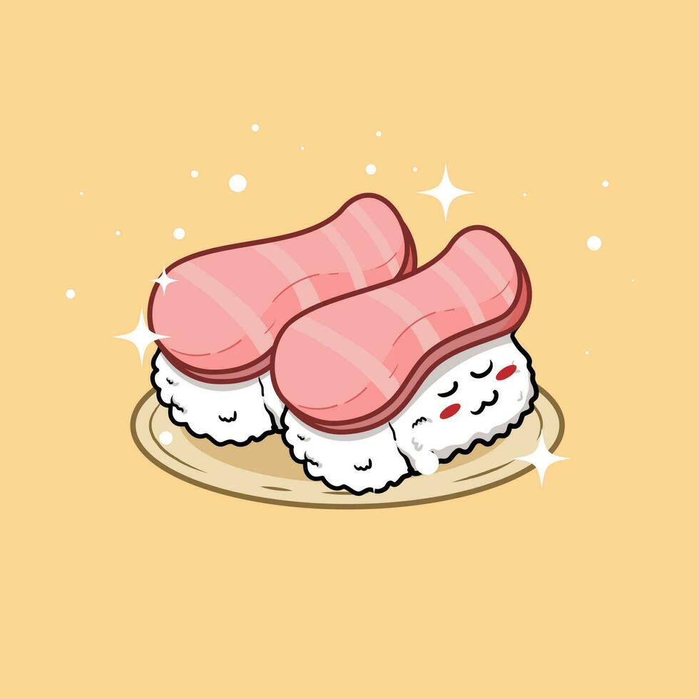 linda Sushi nigiri y rollos en kawaii estilo con sonriente caras. japonés tradicional cocina platos. lata ser usado para camiseta imprimir, pegatina, saludo tarjeta, menú diseño. vector