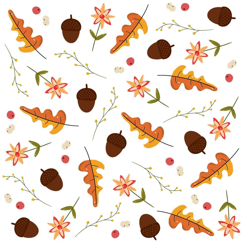 autumn leaves, nut and flower seamless pattern vector