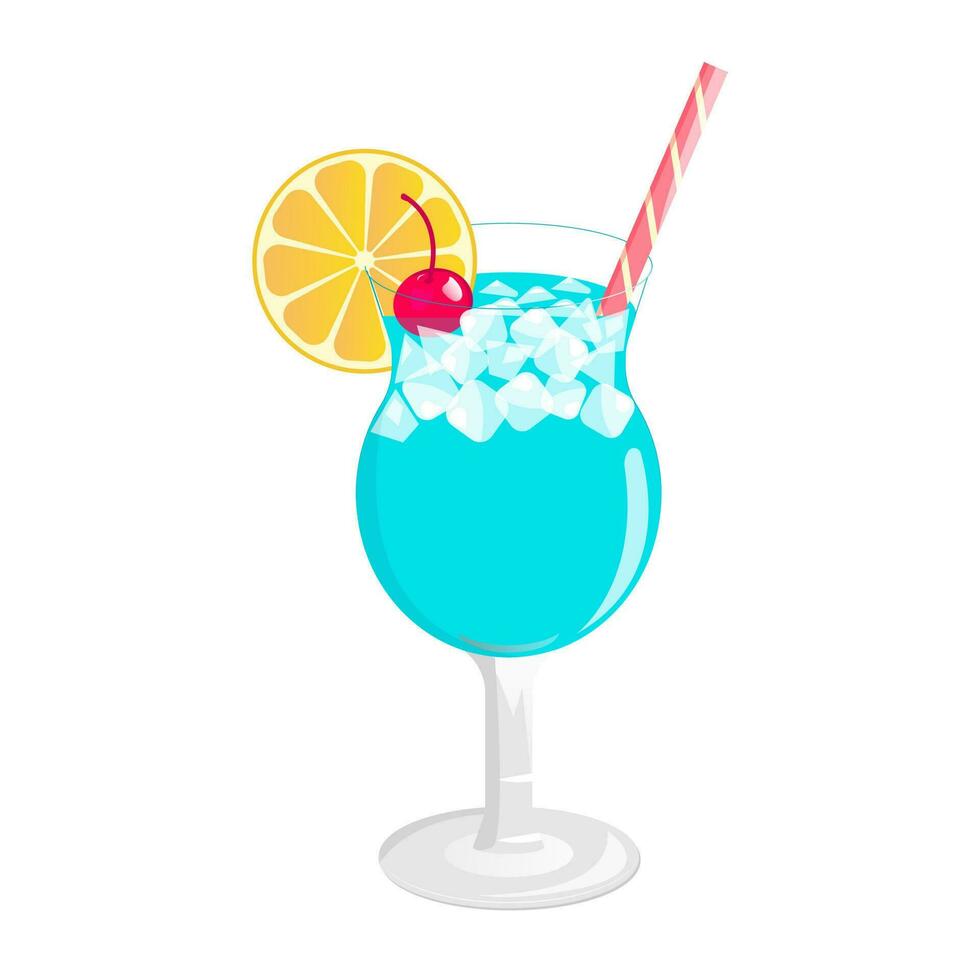 Blue lagoon coctail with orange and cherry. Classic alcohol cocktail drink isolated on white vector