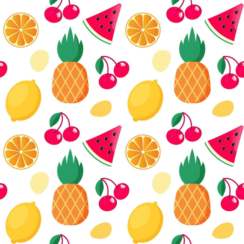 Colorful seamless summer pattern with lemons, cherry, pineapple and orange vector